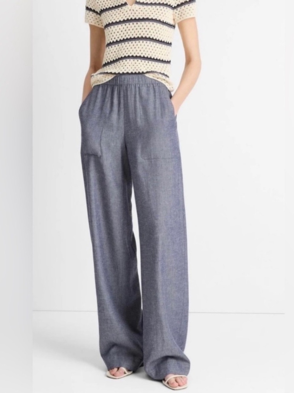 Vince Mid Rise Pull-On Linen Blend Pants Mid Indigo SZ L